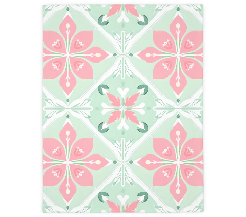 Green Pink Floral Velveteen Microfiber Blanket (Two-sided print)