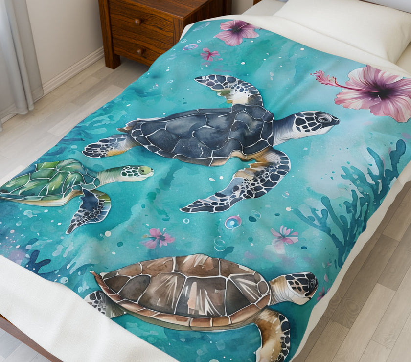 Velveteen Plush Blanket, Sea Turtle Kids Blanket, Kids Bedding, Ocean Themed Blanket, Children's Throw Blanket, Coastal Nursery Decor
