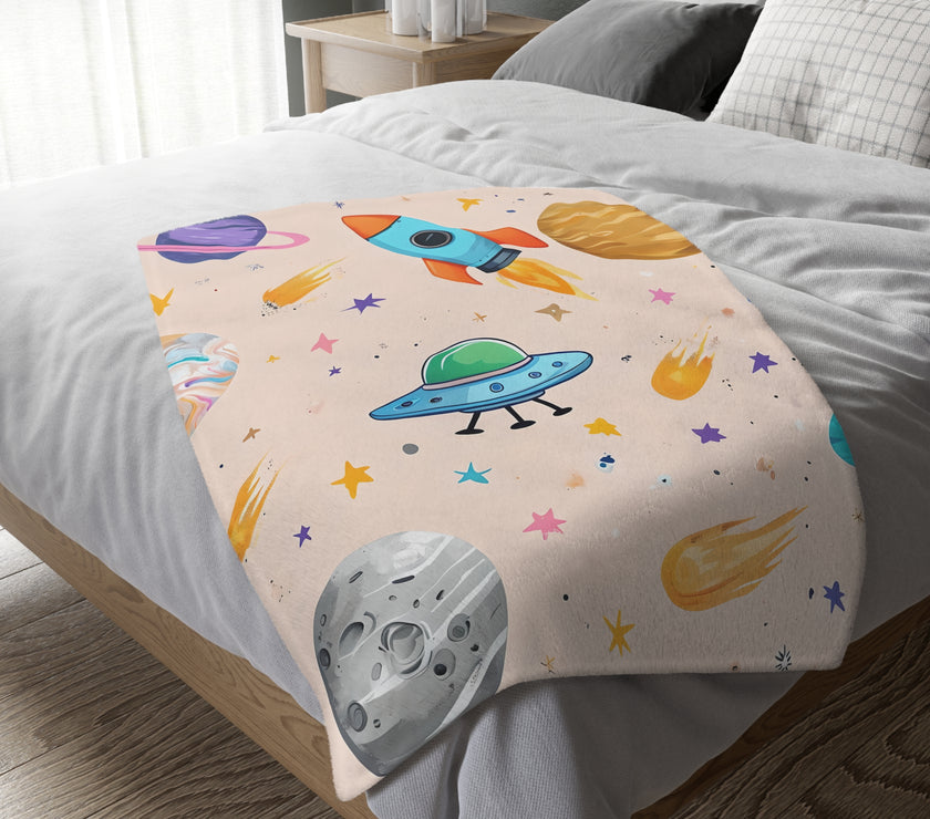 Kids Outer Space Spaceship Rocket Planet Velveteen Microfiber Blanket, Two-sided Print, Children's Bedroom Decor, Boys Girls Gift, Nursery