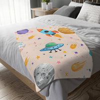 Kids Outer Space Spaceship Rocket Planet Velveteen Microfiber Blanket, Two-sided Print, Children's Bedroom Decor, Boys Girls Gift, Nursery