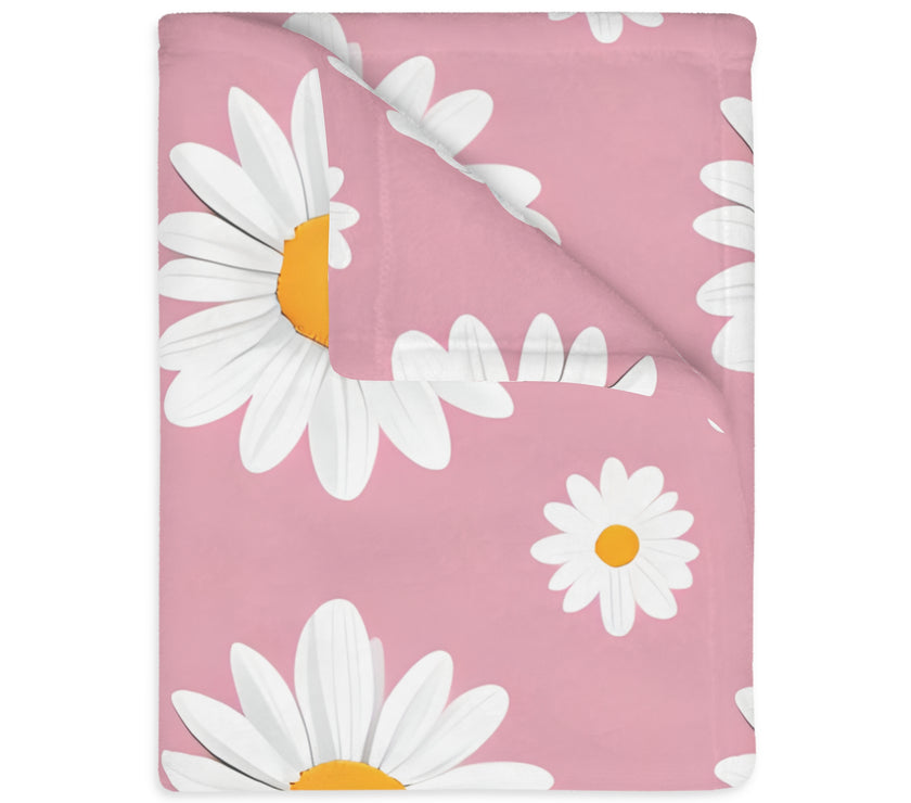 Pink White Daisey Velveteen Microfiber Blanket (Two-sided print)