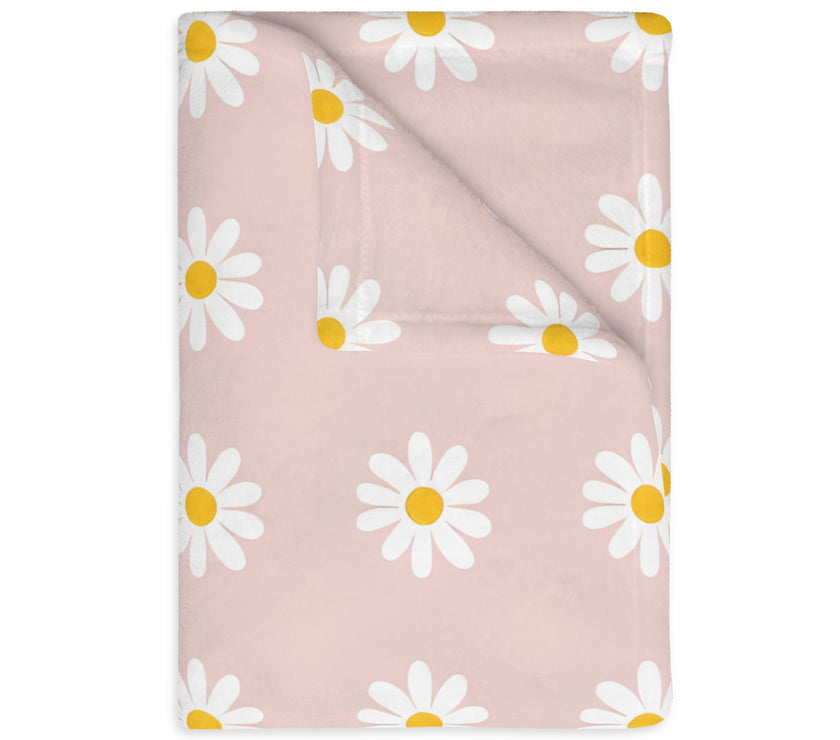 Velveteen Microfiber Blanket, White Daises on Pink Floral Throw, Soft Fleece Bedding, Cozy Couch Decoration, Home Decor Gift, Lightweight