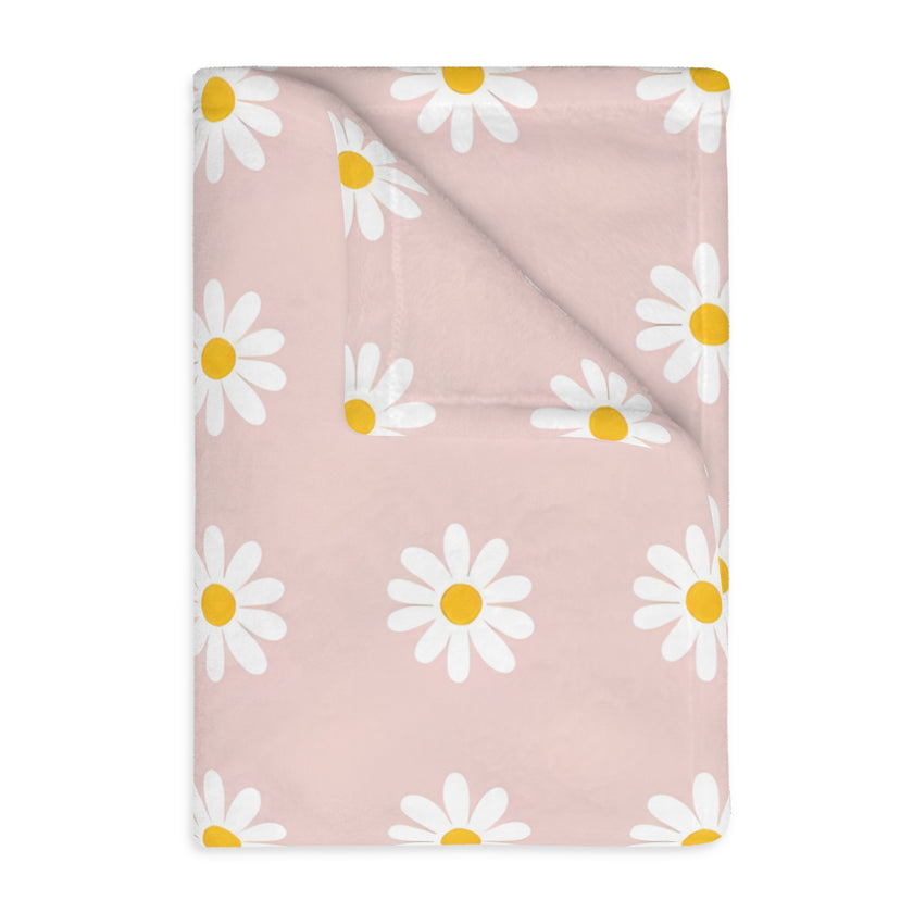 Velveteen Microfiber Blanket, White Daises on Pink Floral Throw, Soft Fleece Bedding, Cozy Couch Decoration, Home Decor Gift, Lightweight