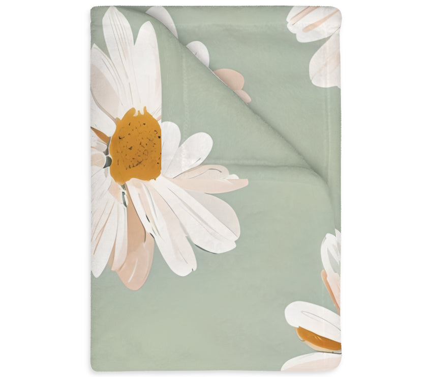 Velveteen Microfiber Blanket, White Daisies on Green - Floral Throw, Botanical Home Decor, Cozy Bedding, Gift for Nature Lovers, Double