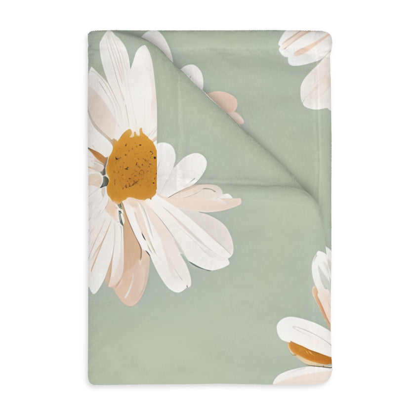 Velveteen Microfiber Blanket, White Daisies on Green - Floral Throw, Botanical Home Decor, Cozy Bedding, Gift for Nature Lovers, Double