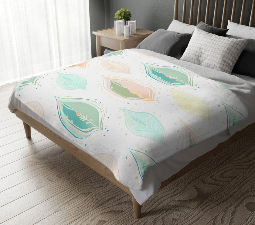 Velveteen Microfiber Blanket, Green Pink Leaf Blanket - Soft Plush Throw, Cozy Winter Bedding, Botanical Home Decor, Gift for Nature Lover,