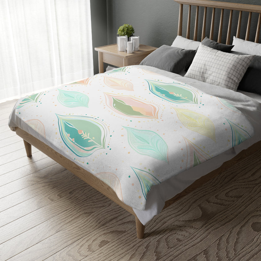 Velveteen Microfiber Blanket, Green Pink Leaf Blanket - Soft Plush Throw, Cozy Winter Bedding, Botanical Home Decor, Gift for Nature Lover,