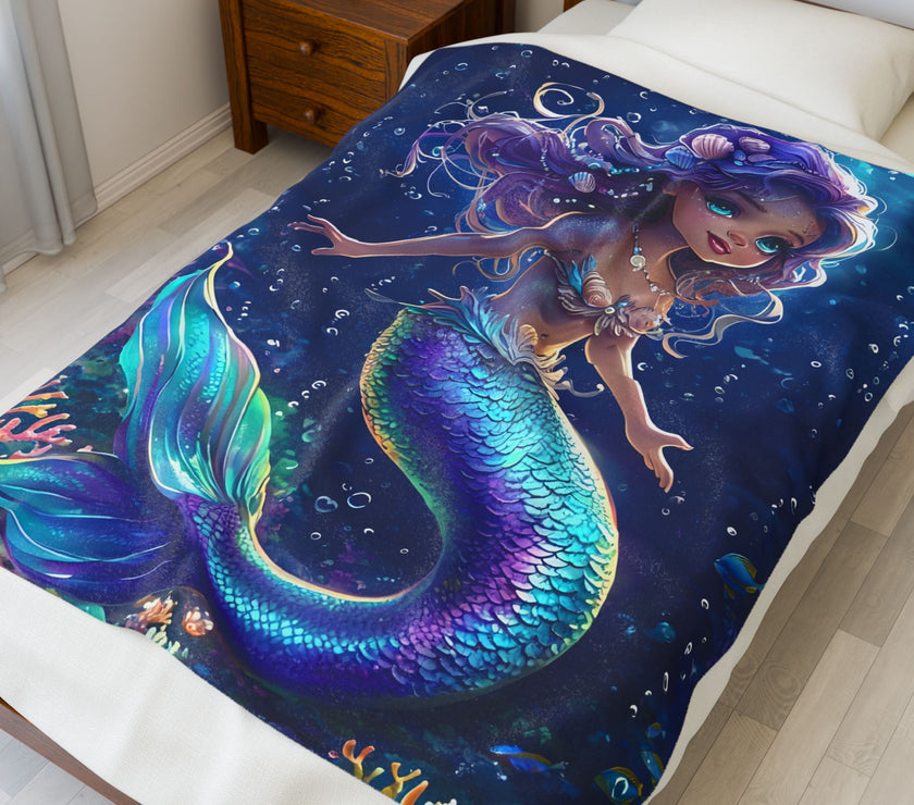 Mermaid Velveteen Plush Blanket, Cozy Throw for Kids, Nautical Decor, Gift for Birthdays, Under the Sea Theme, Soft Blanket
