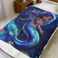 Mermaid Velveteen Plush Blanket, Cozy Throw for Kids, Nautical Decor, Gift for Birthdays, Under the Sea Theme, Soft Blanket