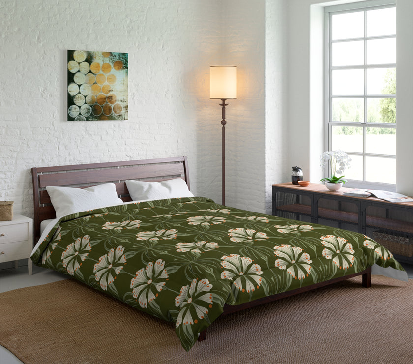 Botanical Floral Comforter, Cozy Bedding for Home Decor, Green Flower Design, Eco-Friendly Gift, Spring & Summer Style