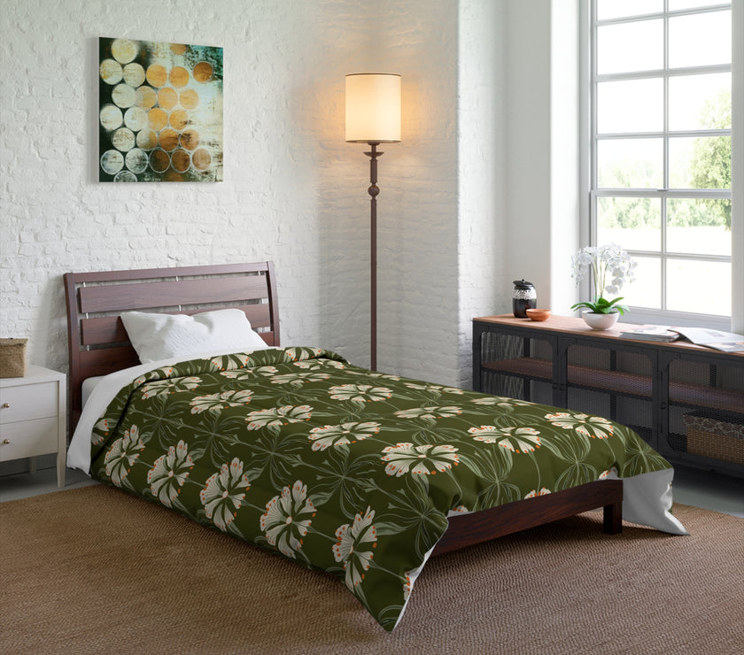 Botanical Floral Comforter, Cozy Bedding for Home Decor, Green Flower Design, Eco-Friendly Gift, Spring & Summer Style