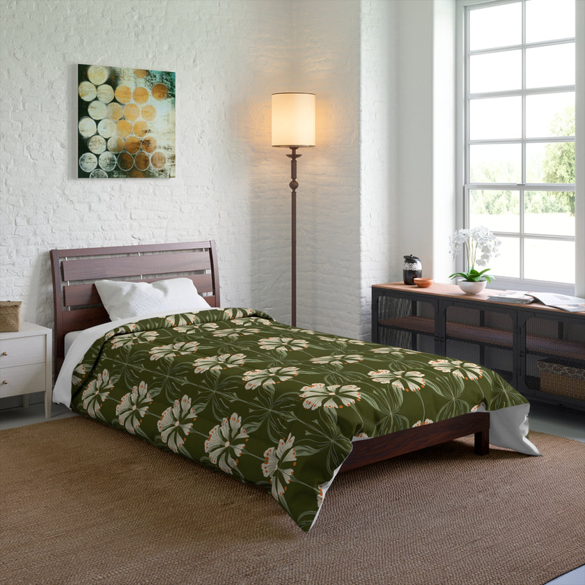 Botanical Floral Comforter, Cozy Bedding for Home Decor, Green Flower Design, Eco-Friendly Gift, Spring & Summer Style