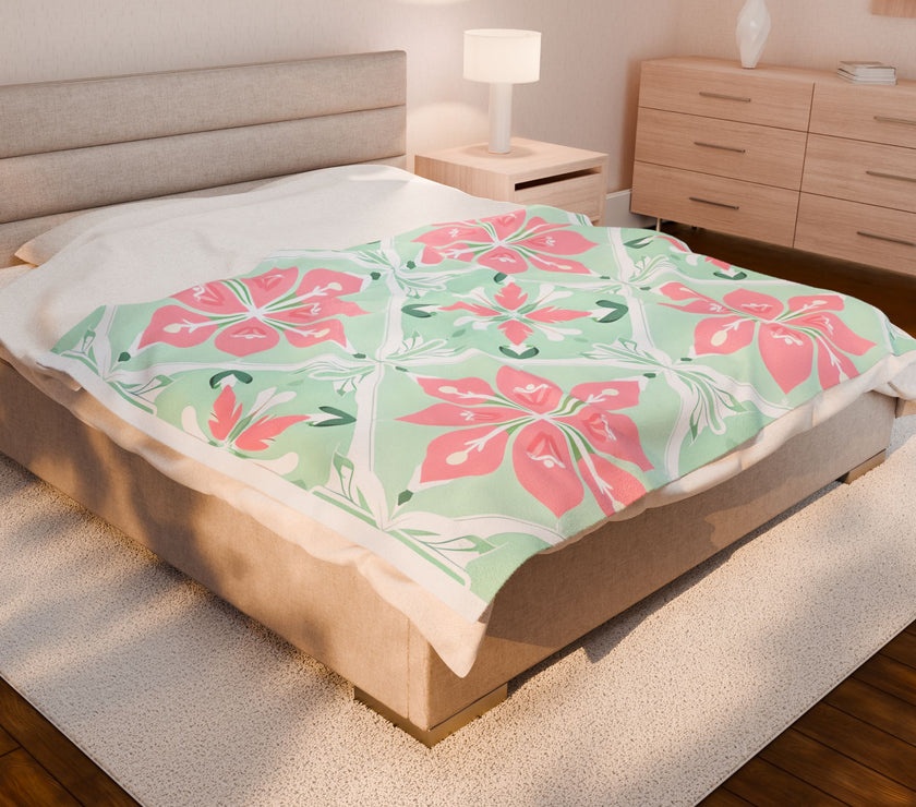 Velveteen Plush Blanket - Green Pink Floral Soft Throw, Cozy Bedding, Botanical Home Decor, Flower Print Lap Quilt, Floral Pattern Couch