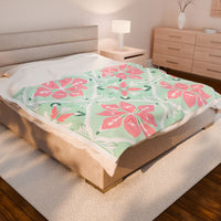 Velveteen Plush Blanket - Green Pink Floral Soft Throw, Cozy Bedding, Botanical Home Decor, Flower Print Lap Quilt, Floral Pattern Couch