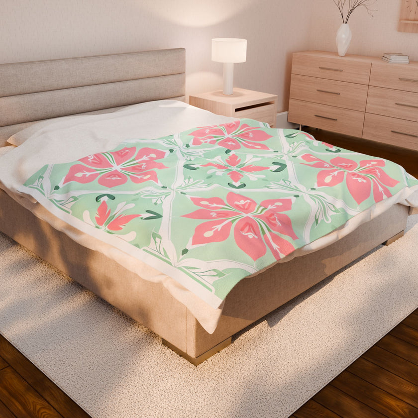 Velveteen Plush Blanket - Green Pink Floral Soft Throw, Cozy Bedding, Botanical Home Decor, Flower Print Lap Quilt, Floral Pattern Couch