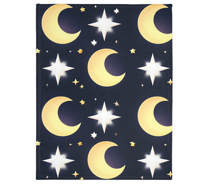 Blanket, Gold Moon and Stars Print, Soft Velveteen Microfiber Throw, Celestial Home Decor, Cozy Bedroom Accent, Night Sky Galaxy Design,