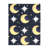 Blanket, Gold Moon and Stars Print, Soft Velveteen Microfiber Throw, Celestial Home Decor, Cozy Bedroom Accent, Night Sky Galaxy Design,