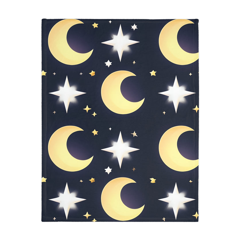 Blanket, Gold Moon and Stars Print, Soft Velveteen Microfiber Throw, Celestial Home Decor, Cozy Bedroom Accent, Night Sky Galaxy Design,