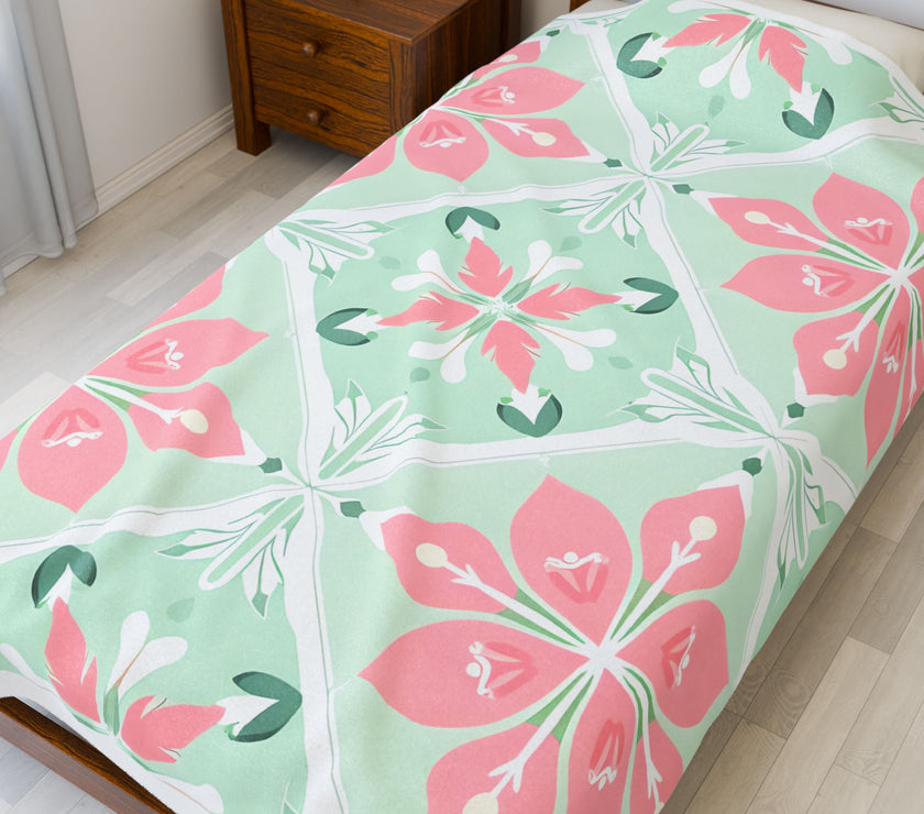 Velveteen Plush Blanket - Green Pink Floral Soft Throw, Cozy Bedding, Botanical Home Decor, Flower Print Lap Quilt, Floral Pattern Couch