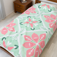 Velveteen Plush Blanket - Green Pink Floral Soft Throw, Cozy Bedding, Botanical Home Decor, Flower Print Lap Quilt, Floral Pattern Couch