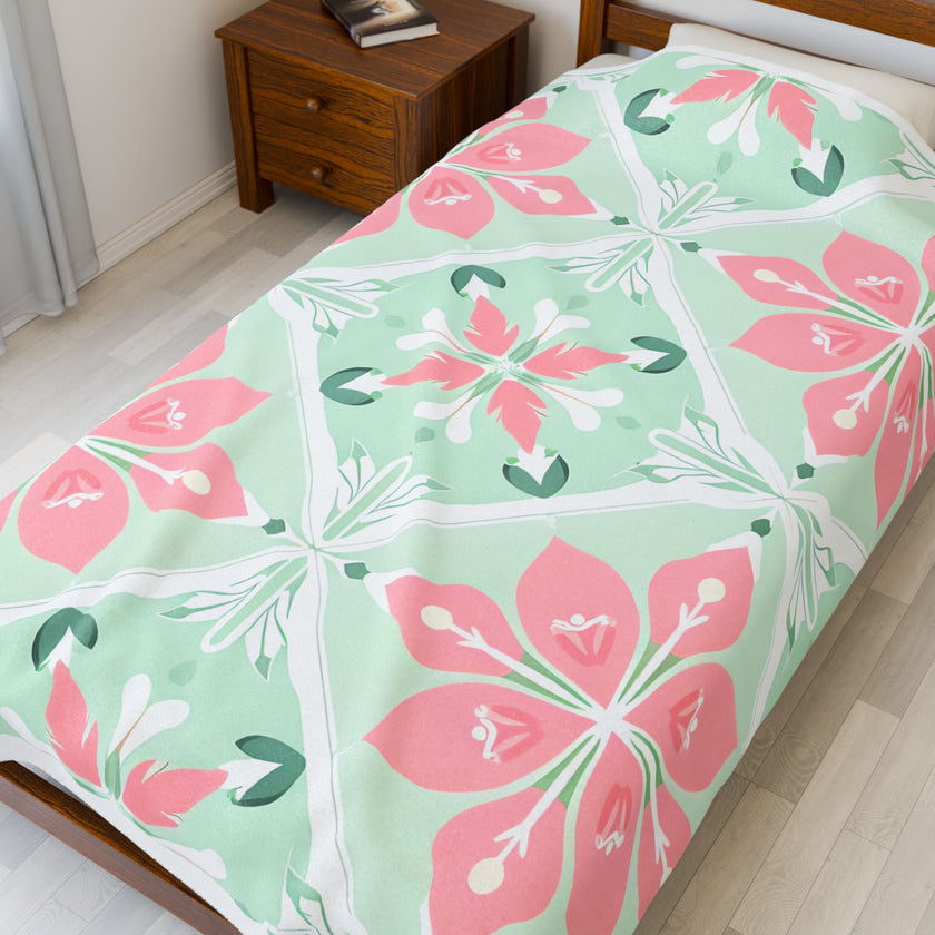 Velveteen Plush Blanket - Green Pink Floral Soft Throw, Cozy Bedding, Botanical Home Decor, Flower Print Lap Quilt, Floral Pattern Couch