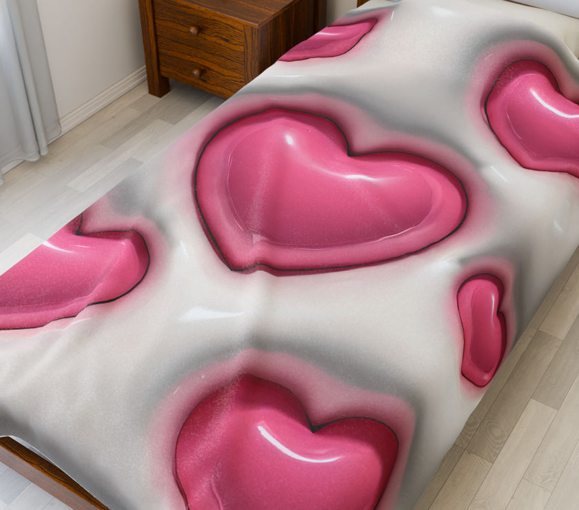 Velveteen Plush Blanket - Pink Heart Plush Blanket, Soft Throw Blanket, Heart Pattern Bedding, Cozy Fleece Blanket, Valentine's Day Gift