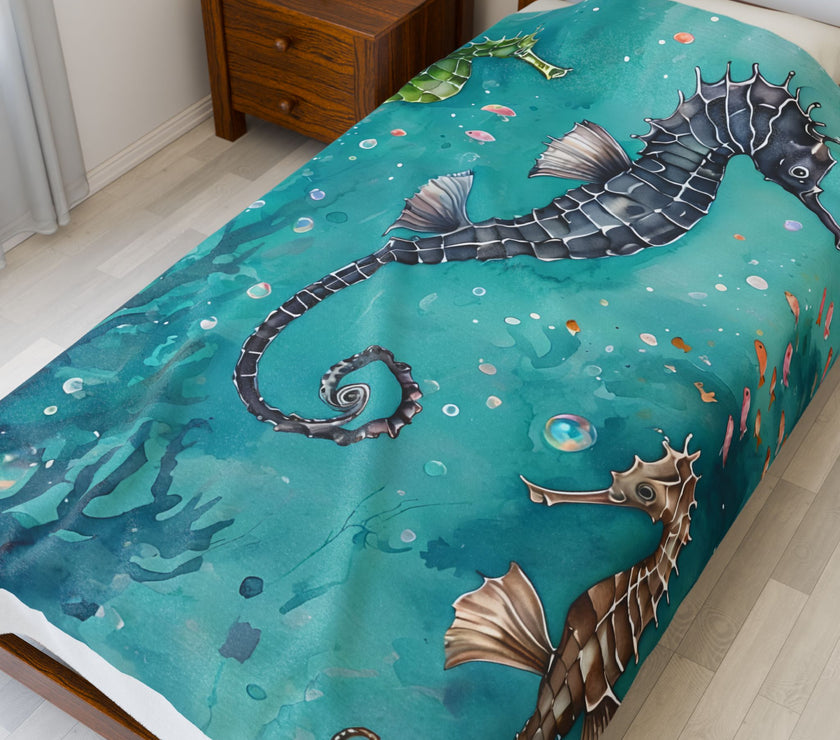 Velveteen Plush Blanket, Sea Horse Kids Blanket, Green Blue Blanket, Ocean Theme Throw, Children's Bedroom Decor, Cozy Nursery Bedding