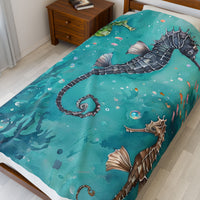 Velveteen Plush Blanket, Sea Horse Kids Blanket, Green Blue Blanket, Ocean Theme Throw, Children's Bedroom Decor, Cozy Nursery Bedding