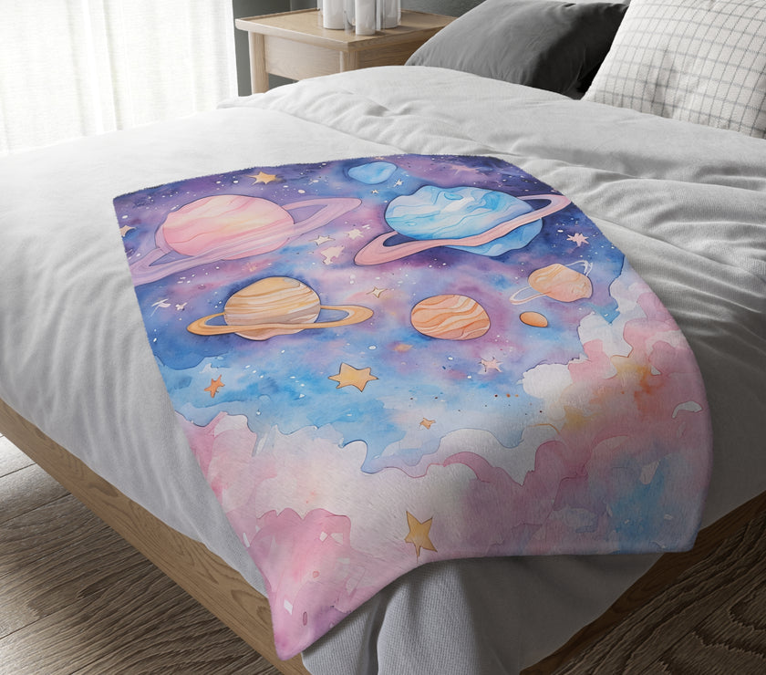Kids Blanket, Velveteen Microfiber Blanket with Planet Moon and Stars Design - Two-sided Print, Children's Throw, Outer Space Bedding,