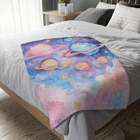 Kids Blanket, Velveteen Microfiber Blanket with Planet Moon and Stars Design - Two-sided Print, Children's Throw, Outer Space Bedding,