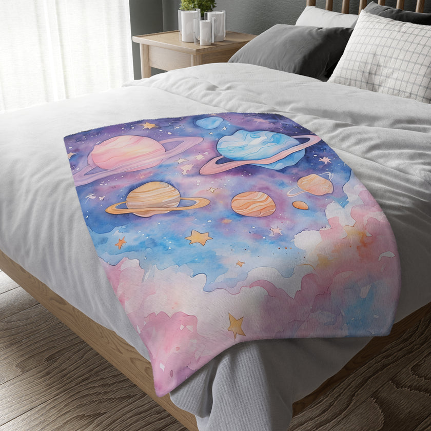 Kids Blanket, Velveteen Microfiber Blanket with Planet Moon and Stars Design - Two-sided Print, Children's Throw, Outer Space Bedding,