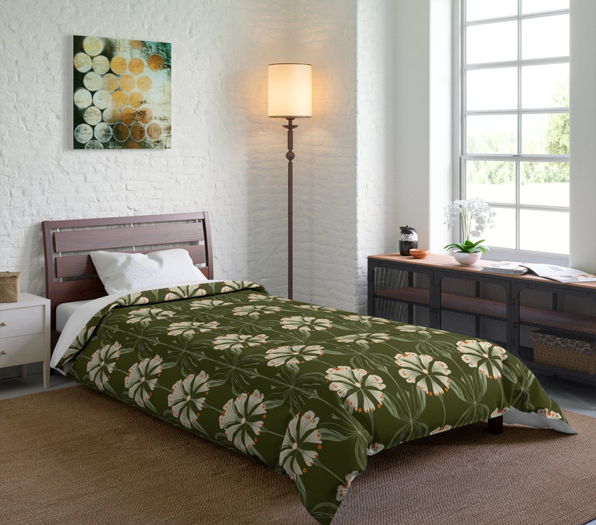 Botanical Floral Comforter, Cozy Bedding for Home Decor, Green Flower Design, Eco-Friendly Gift, Spring & Summer Style