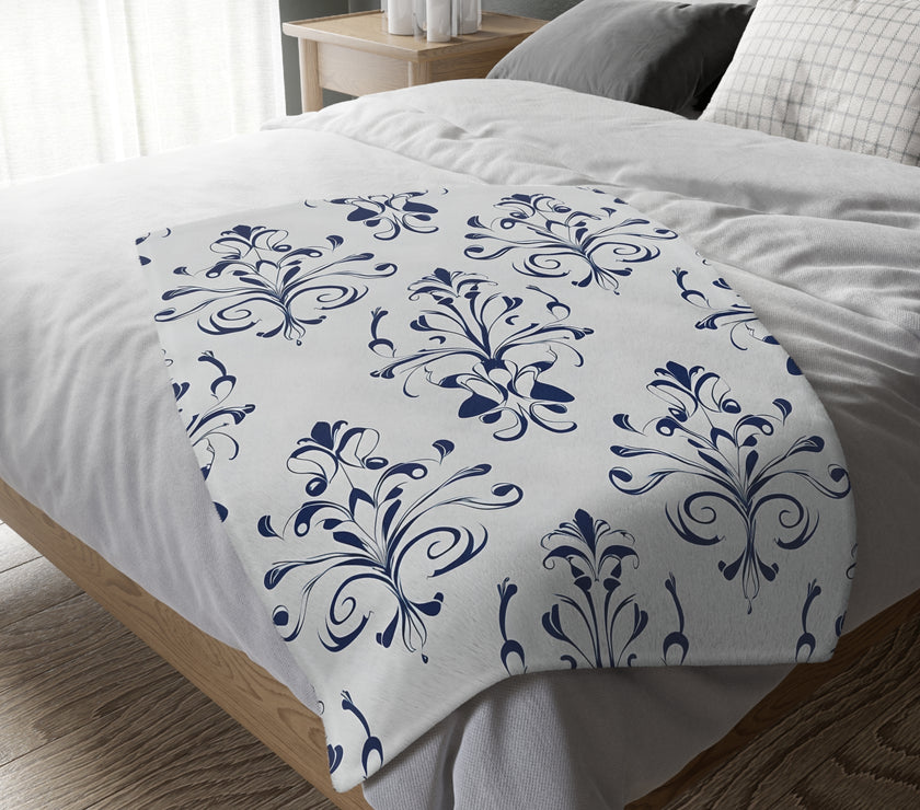 Velveteen Blanket, Blue Floral Print, Soft Throw for Home and Living Room Decor - Microfiber Reversible Couch Cover, Cozy Bedding, Floral
