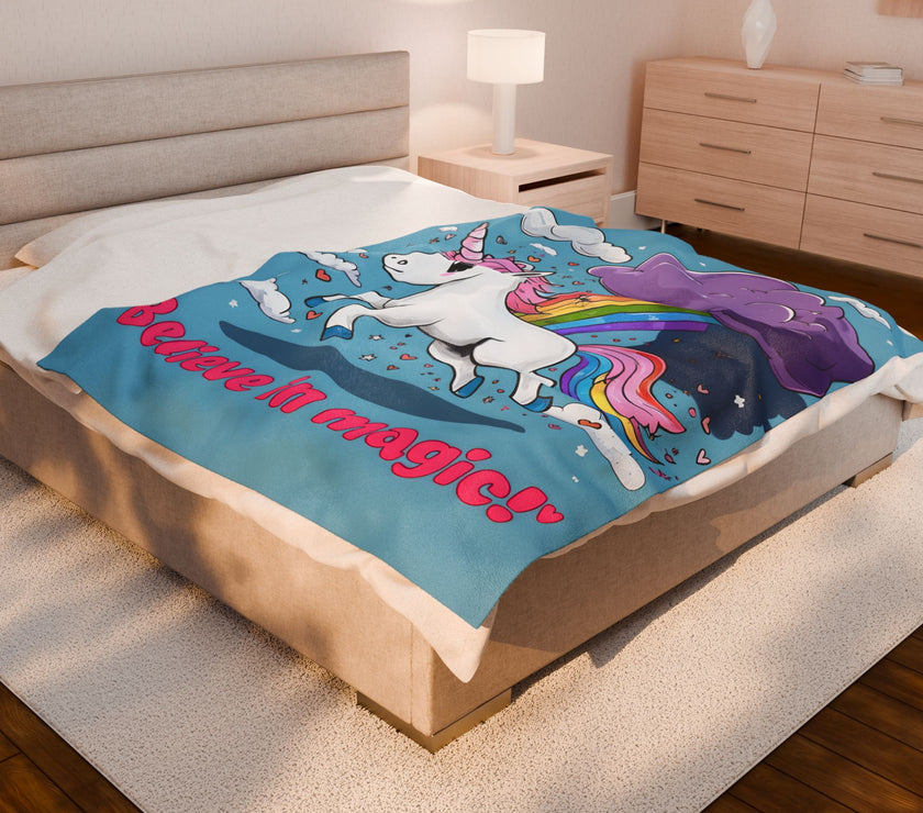 Blue Rainbow Unicorn Velveteen Plush Blanket
