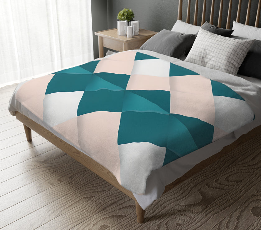 Blue and Pink Grid Velveteen Microfiber Blanket (Two-sided print)