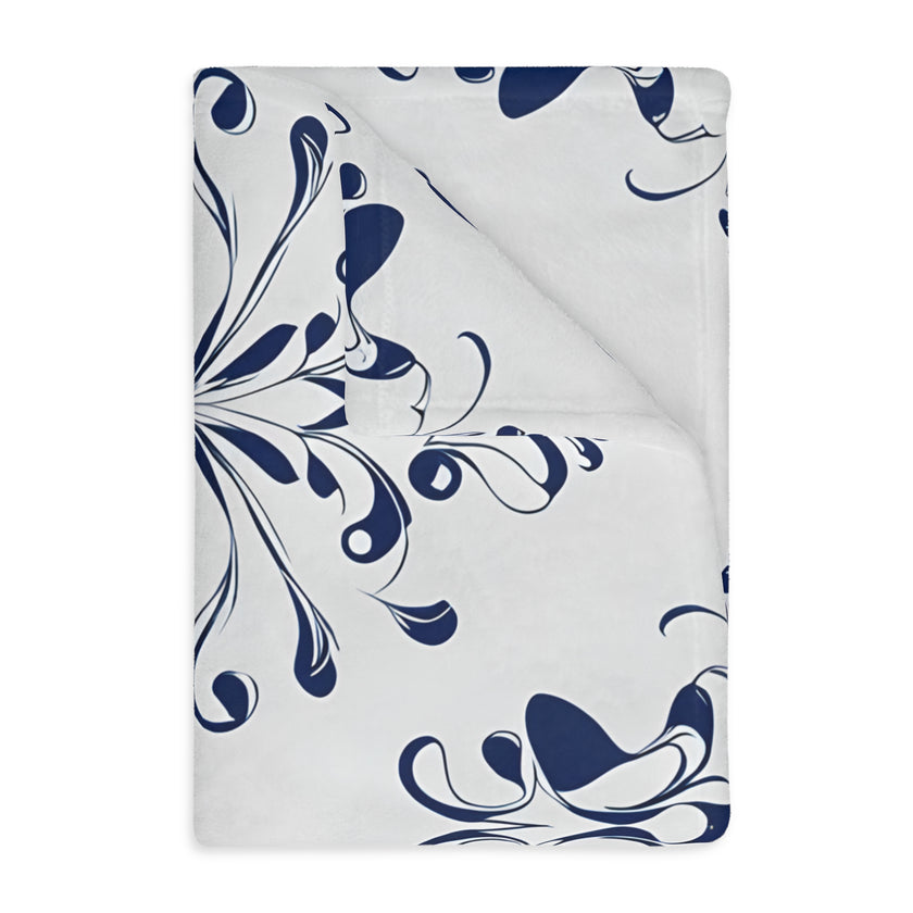 Velveteen Blanket, Blue Floral Print, Soft Throw for Home and Living Room Decor - Microfiber Reversible Couch Cover, Cozy Bedding, Floral