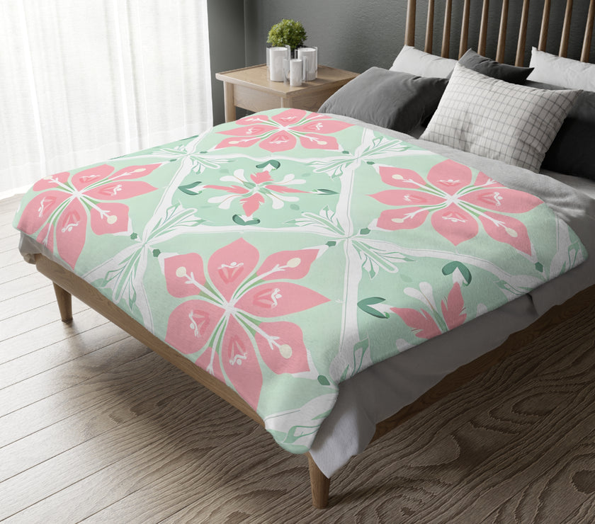 Green Pink Floral Velveteen Microfiber Blanket (Two-sided print)