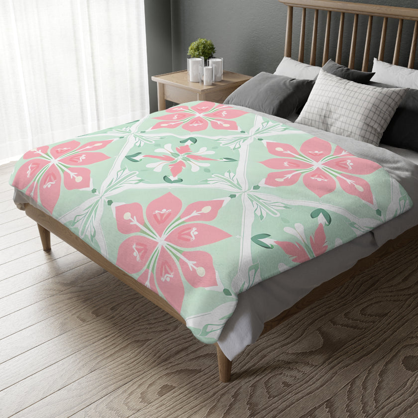 Green Pink Floral Velveteen Microfiber Blanket (Two-sided print)
