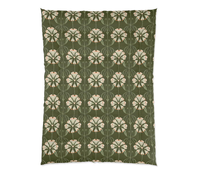 Botanical Floral Comforter, Cozy Bedding for Home Decor, Green Flower Design, Eco-Friendly Gift, Spring & Summer Style