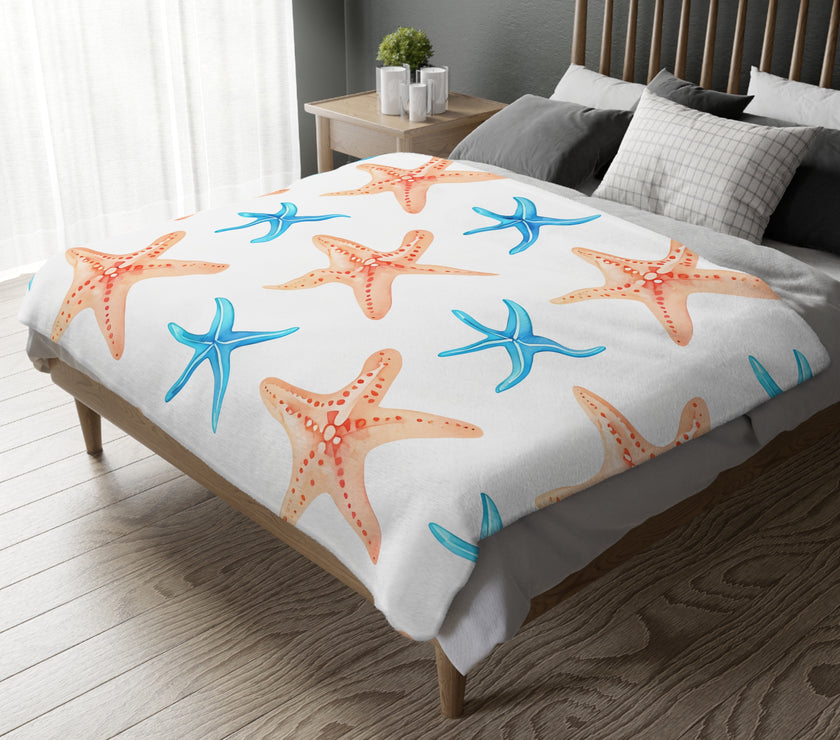 Blue Orange Ocean Sea Star Fish Velveteen Microfiber Blanket (Two-sided print)