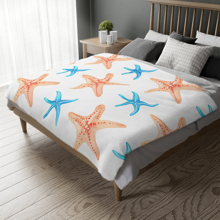Blue Orange Ocean Sea Star Fish Velveteen Microfiber Blanket (Two-sided print)