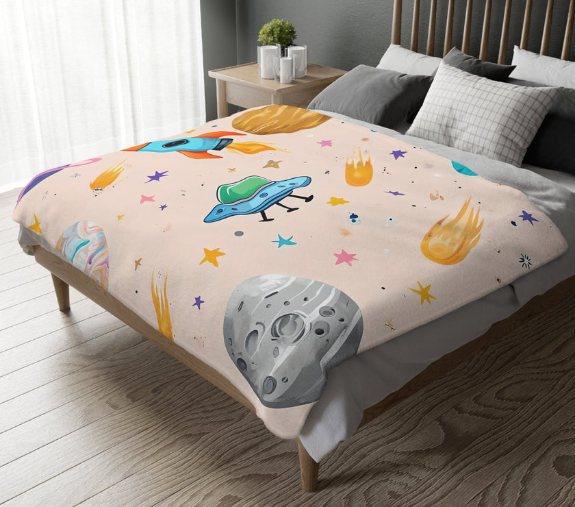Kids Outer Space Spaceship Rocket Planet Velveteen Microfiber Blanket, Two-sided Print, Children's Bedroom Decor, Boys Girls Gift, Nursery