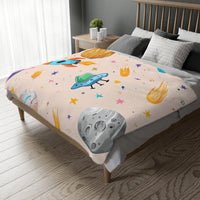 Kids Outer Space Spaceship Rocket Planet Velveteen Microfiber Blanket, Two-sided Print, Children's Bedroom Decor, Boys Girls Gift, Nursery