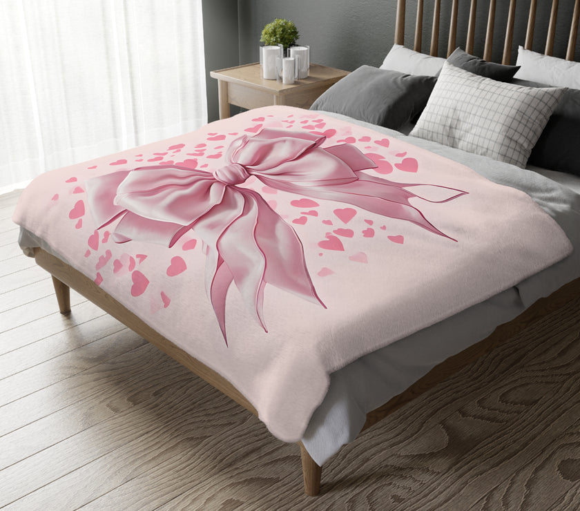 Pink Bow . Pink Heart Velveteen Microfiber Blanket (Two-sided print)