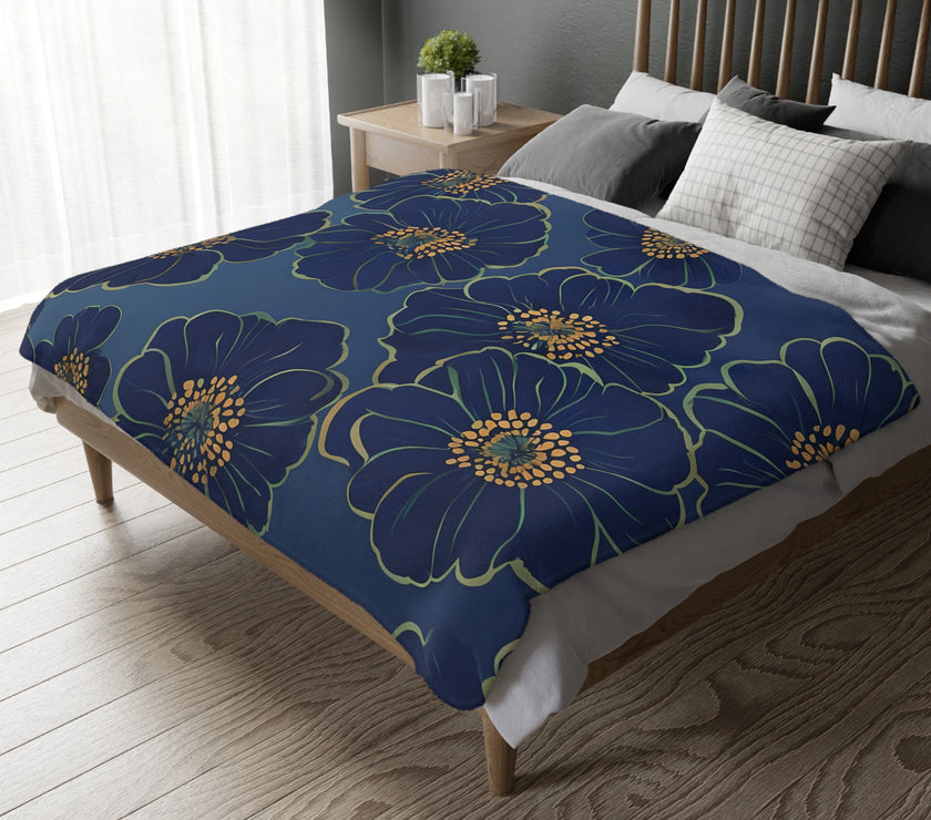 Blanket, Cozy Velveteen Microfiber Two-Sided Print Blue Floral Design - Throw, Bedding, Home Decor, Living Room Accent, Gift Idea