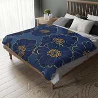 Blanket, Cozy Velveteen Microfiber Two-Sided Print Blue Floral Design - Throw, Bedding, Home Decor, Living Room Accent, Gift Idea