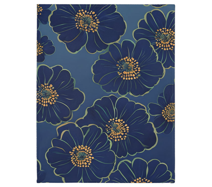 Blanket, Cozy Velveteen Microfiber Two-Sided Print Blue Floral Design - Throw, Bedding, Home Decor, Living Room Accent, Gift Idea