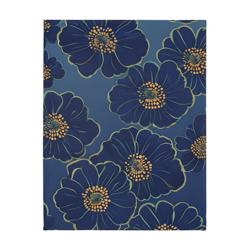 Blanket, Cozy Velveteen Microfiber Two-Sided Print Blue Floral Design - Throw, Bedding, Home Decor, Living Room Accent, Gift Idea