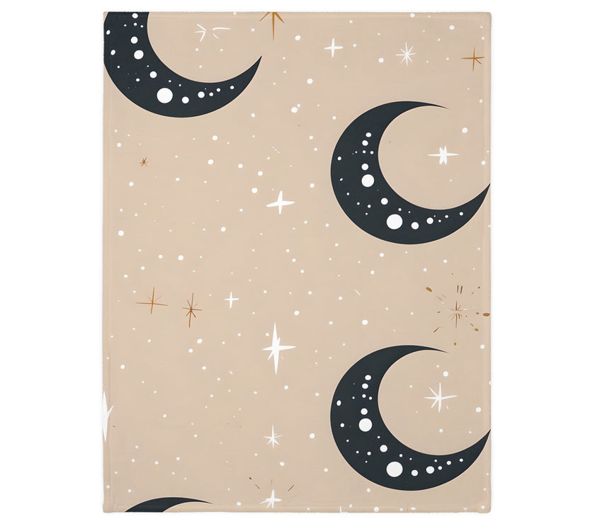 Velveteen Blanket, Pink Moon and Stars Soft Throw, Cozy Bedding, Nursery Decor, Celestial Night Sky Bed Cover, Double Sided Print