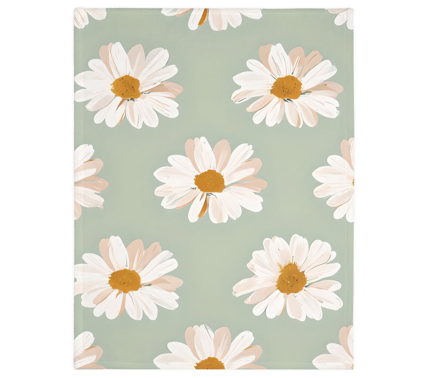Velveteen Microfiber Blanket, White Daisies on Green - Floral Throw, Botanical Home Decor, Cozy Bedding, Gift for Nature Lovers, Double
